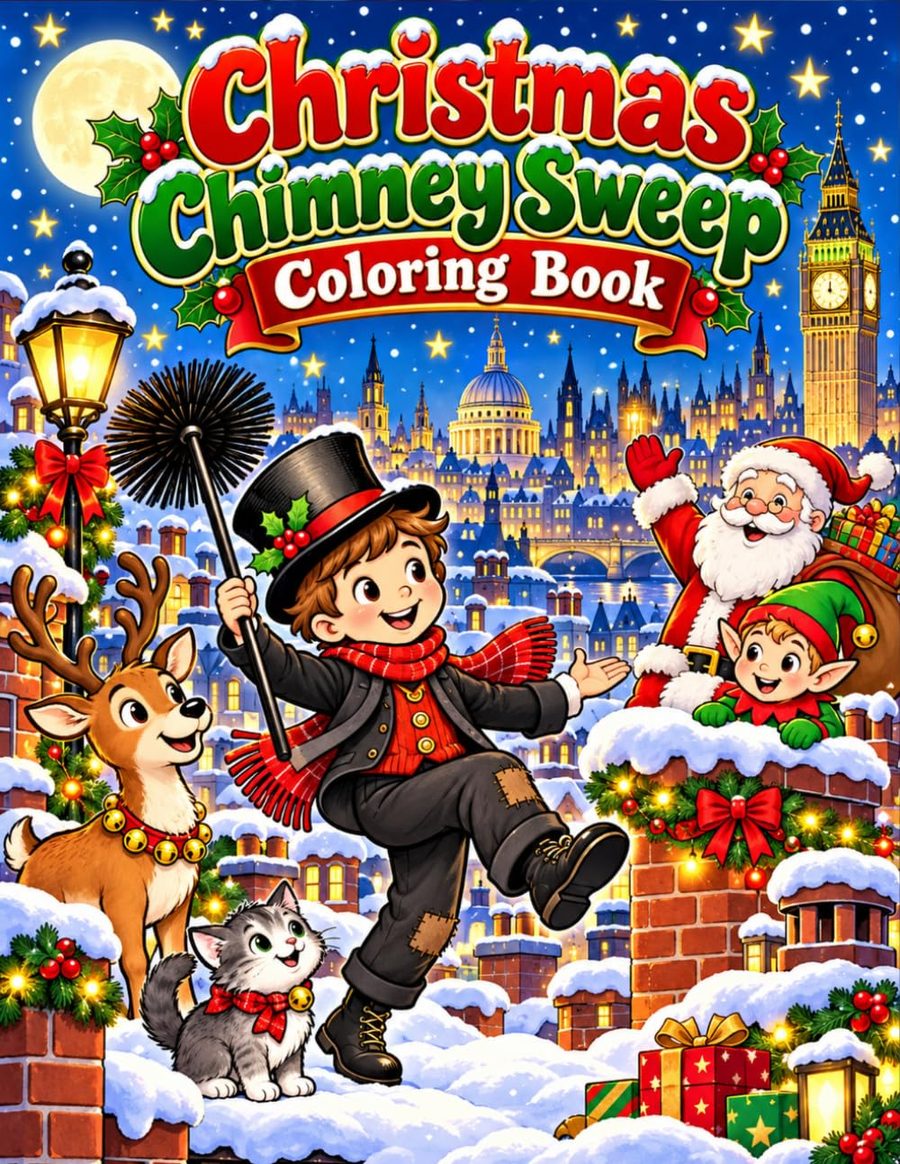 Cover of the Christmas Chimney Sweep Coloring Book, showing a young chimney sweep on snowy rooftops beside Santa, a reindeer and a kitten